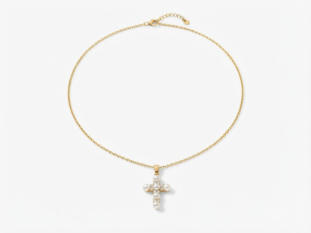 Pearl & Zircon Cross Necklace