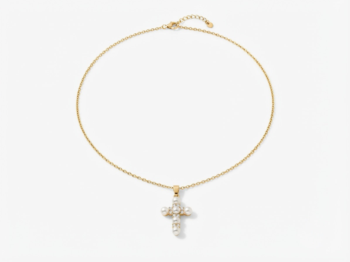 Pearl & Zircon Cross Necklace