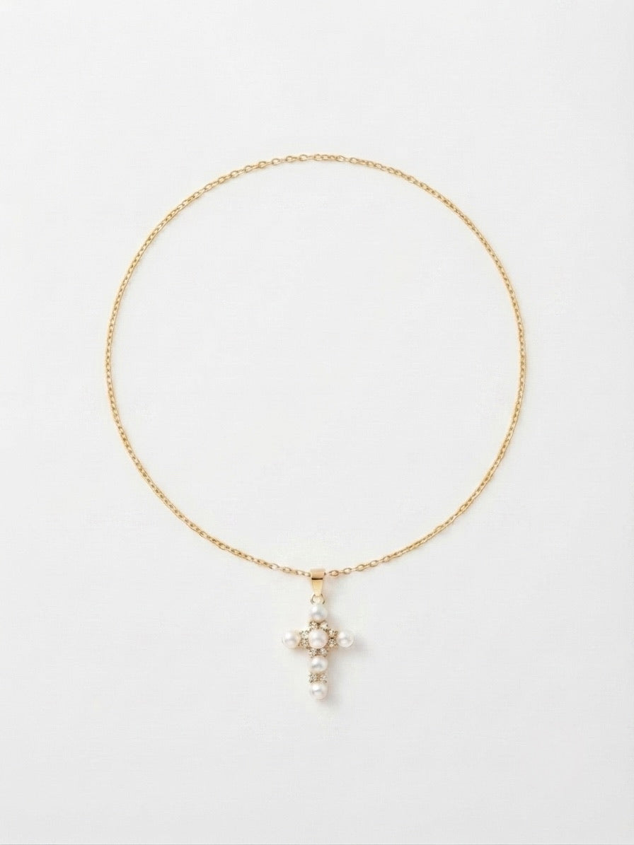 Pearl & Zircon Cross Necklace