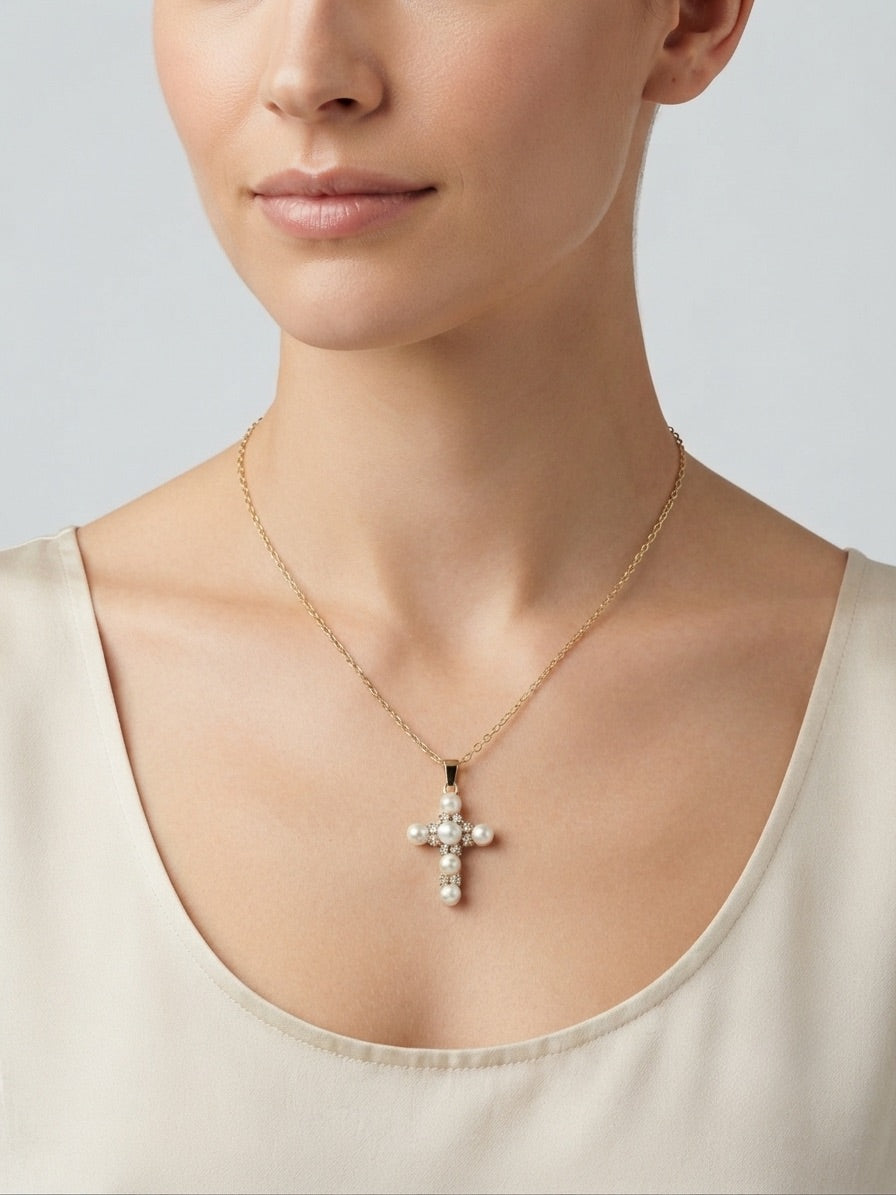 Pearl & Zircon Cross Necklace